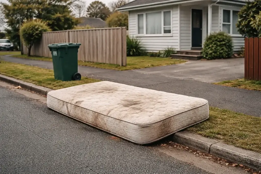 old dirty mattress dumped on a suburban Christchurch curb outside a house