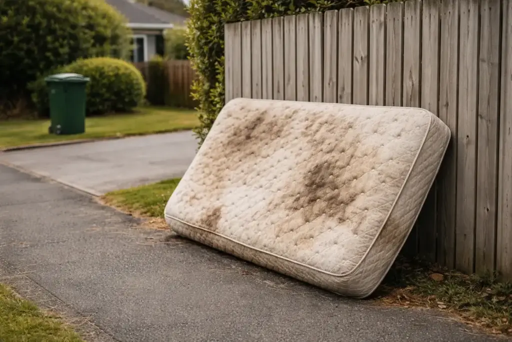 old dumped mattress outside a Christchurch suburban driveway near a fence