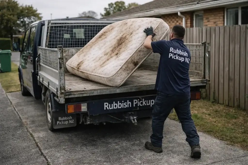rubbish removal worker loading an old dumped mattress from a Christchurch driveway onto a truck