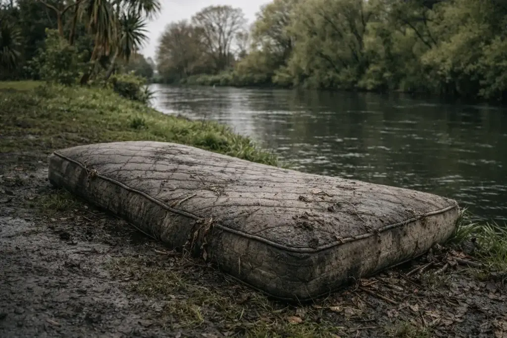 soaking wet old mattress dumped beside a Christchurch riverbank near the Avon River